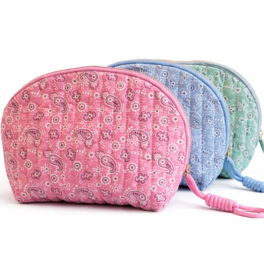 Quilted Paisley Cosmetic Case – Soft Curve Makeup Pouch in Pink, Blue, or Green Bandana Print